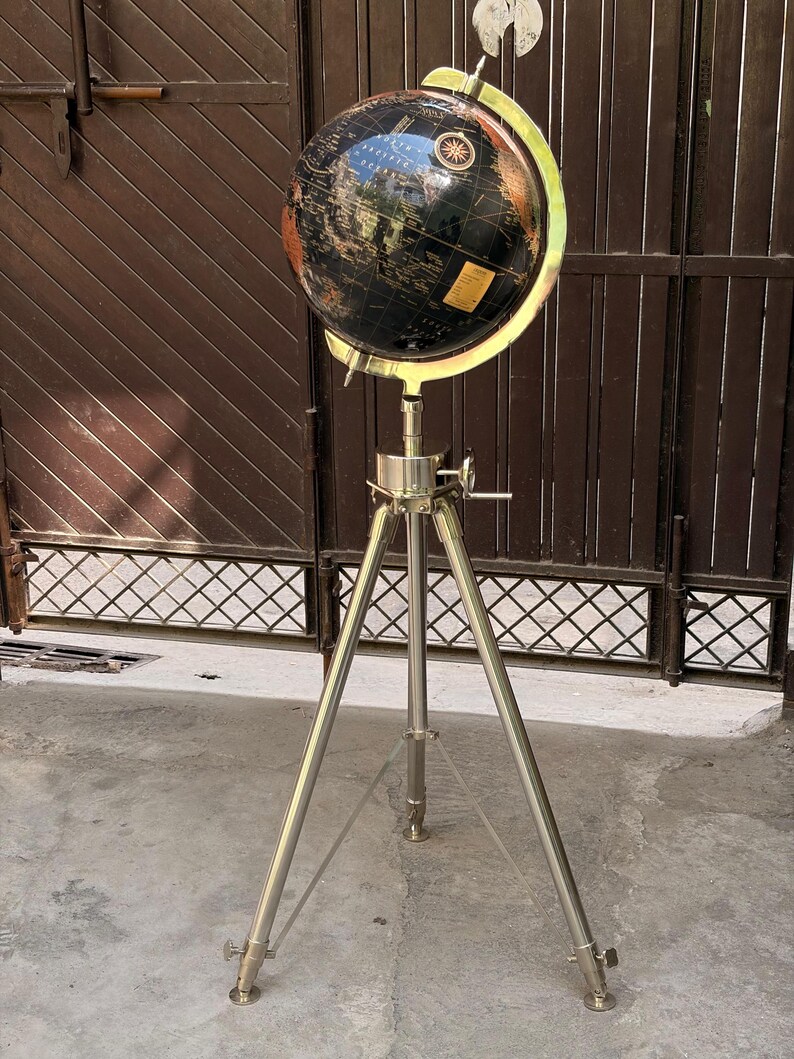 Black Ocean and Dark Brown Land Globe on All-Brass Chrome Tripod Stand view 3