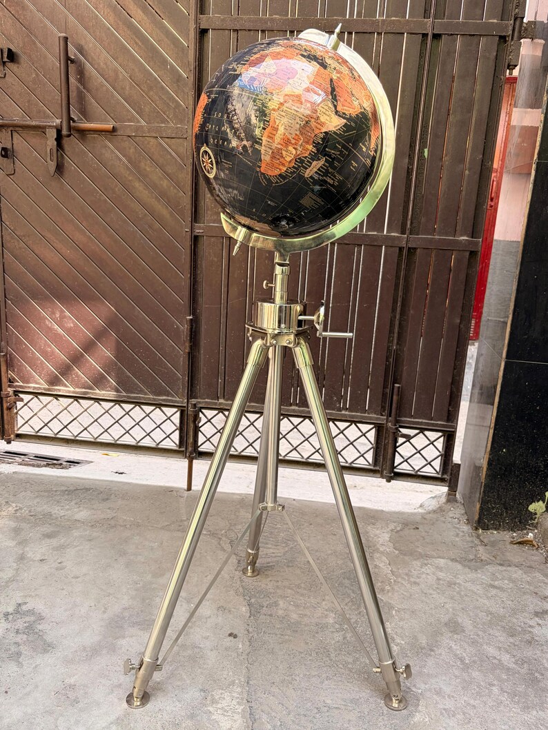 Black Ocean and Dark Brown Land Globe on All-Brass Chrome Tripod Stand view 7