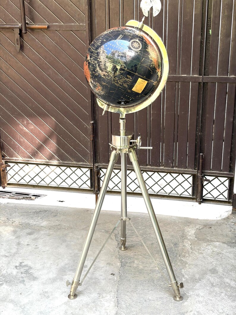 Black Ocean and Dark Brown Land Globe on All-Brass Chrome Tripod Stand view 9