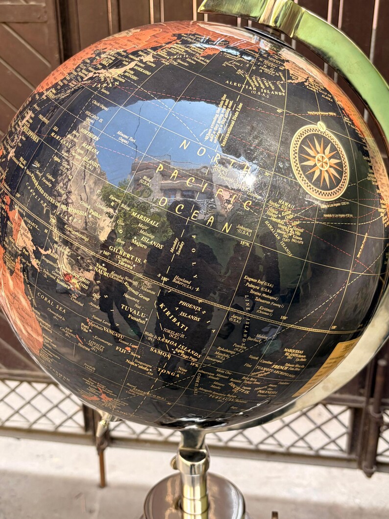 Black Ocean and Dark Brown Land Globe on All-Brass Chrome Tripod Stand view 10