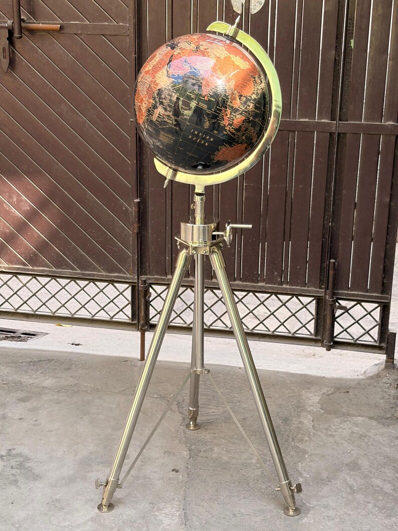 Black Ocean and Dark Brown Land Globe on All-Brass Chrome Tripod Stand view 11