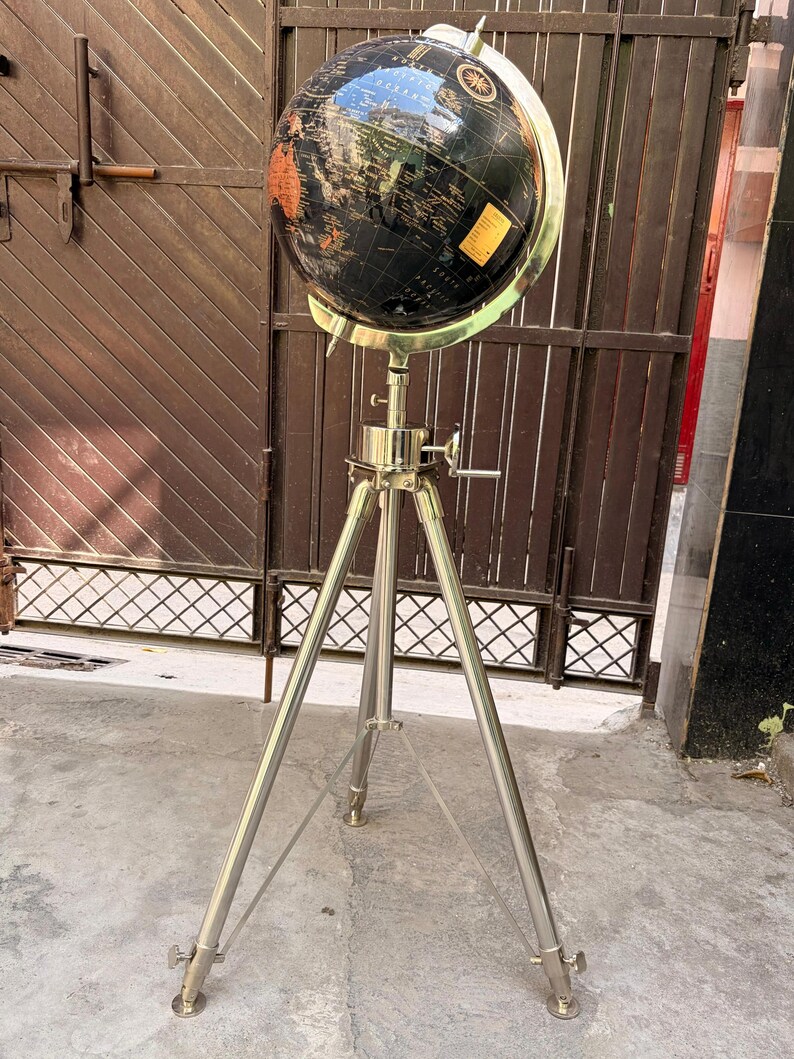 Black Ocean and Dark Brown Land Globe on All-Brass Chrome Tripod Stand view 12