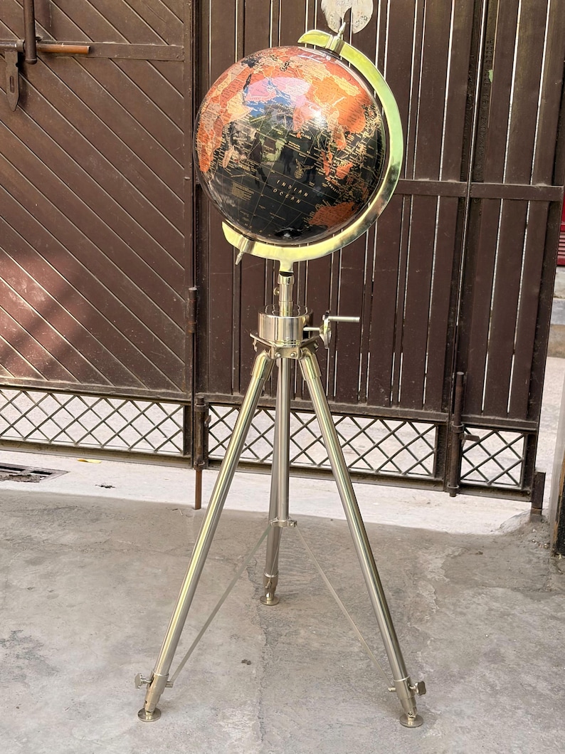 Black Ocean and Dark Brown Land Globe on All-Brass Chrome Tripod Stand view 14
