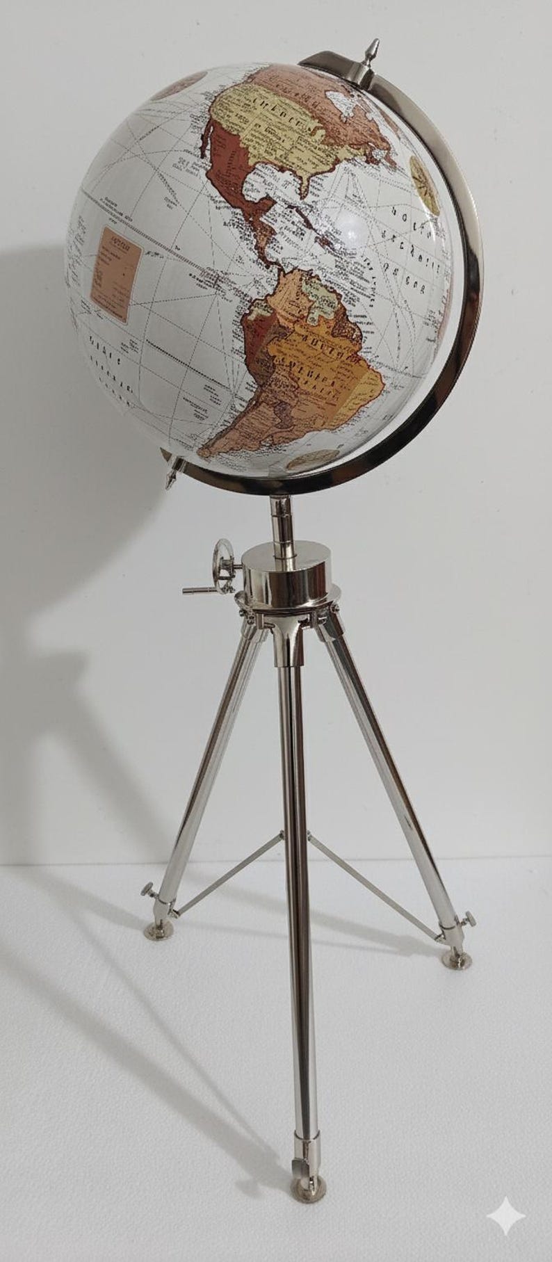 Large White Globe on All-Brass Chrome Tripod Stand view 7