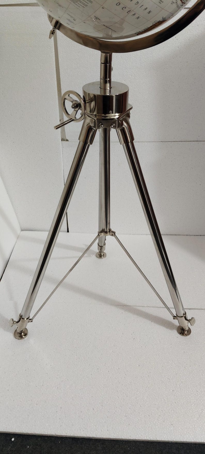 Large White Globe on All-Brass Chrome Tripod Stand view 9