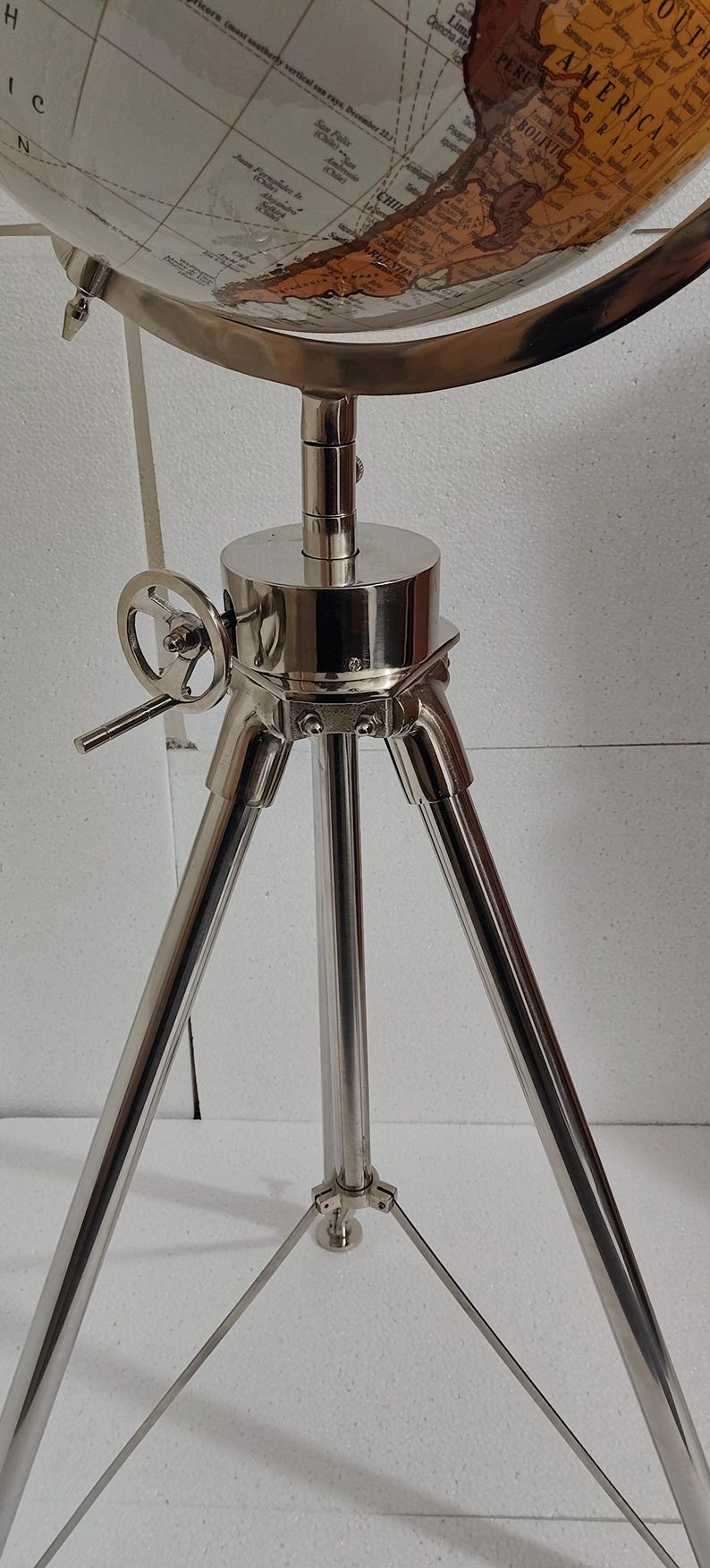 Large White Globe on All-Brass Chrome Tripod Stand view 11