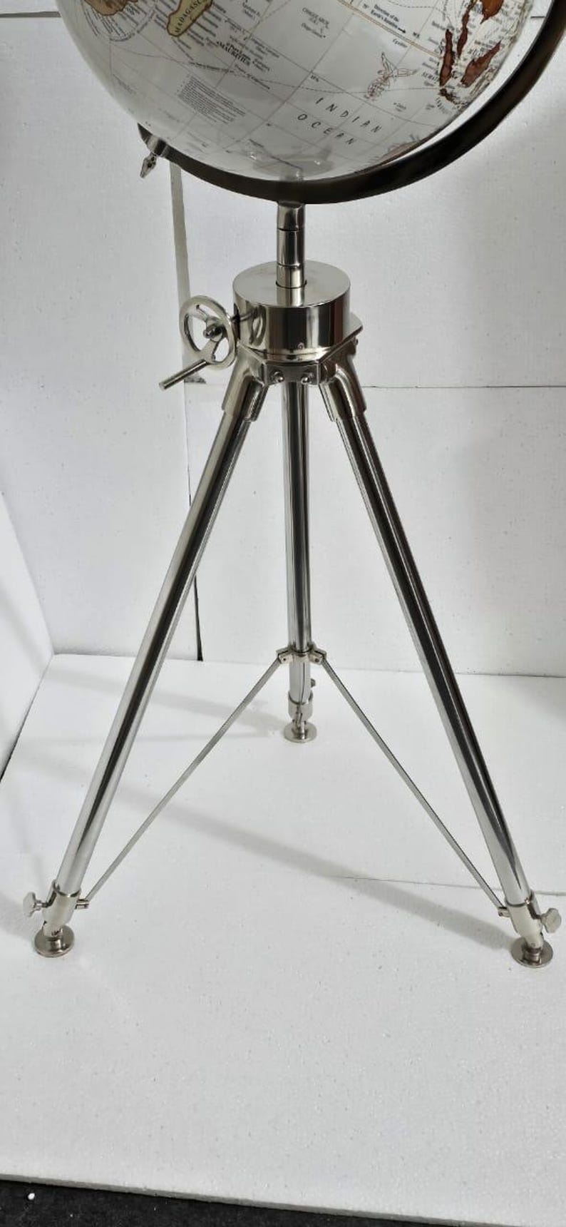Large White Globe on All-Brass Chrome Tripod Stand view 12