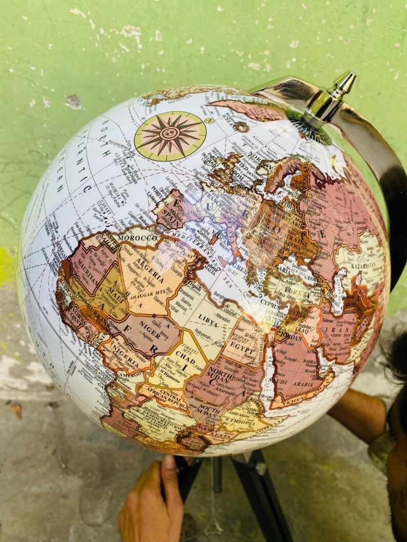 White Map Globe with Chrome Nickel Ring on Black Wooden Tripod Stand view 4