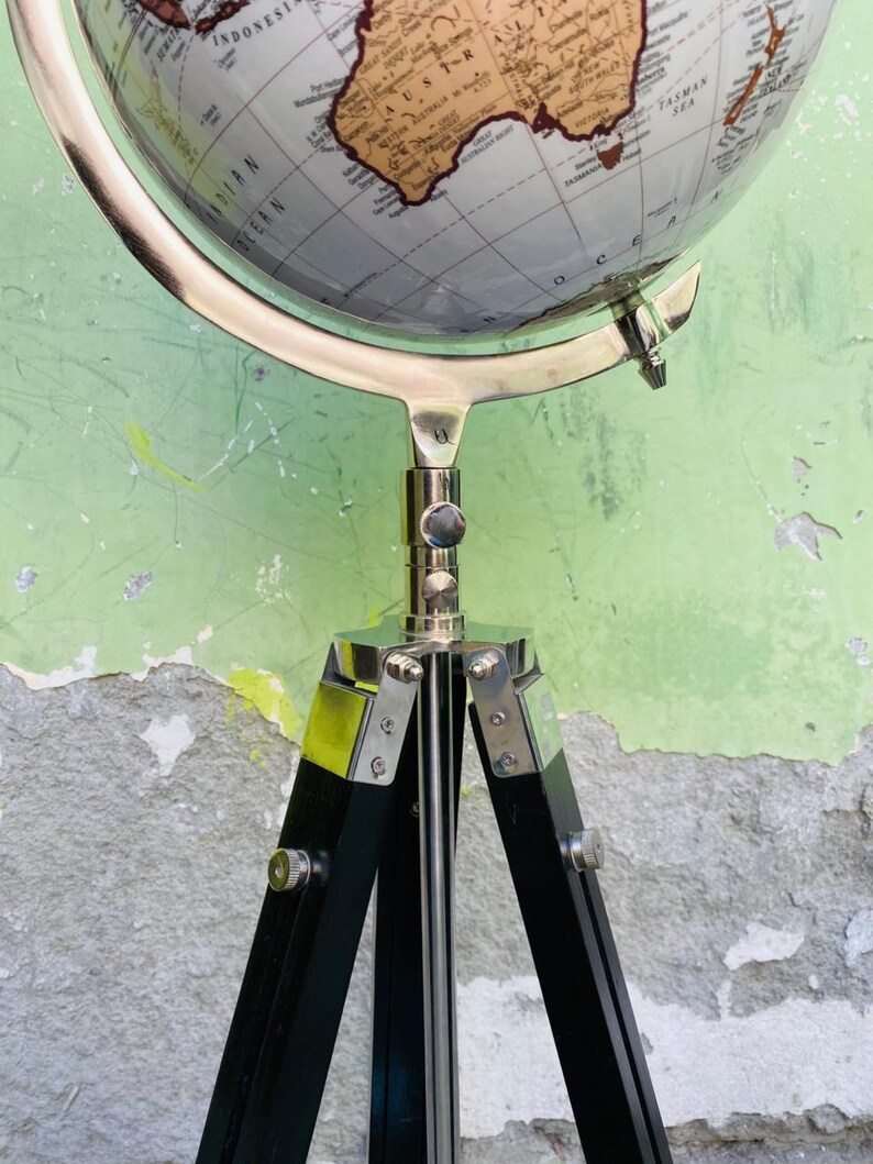 White Map Globe with Chrome Nickel Ring on Black Wooden Tripod Stand view 6