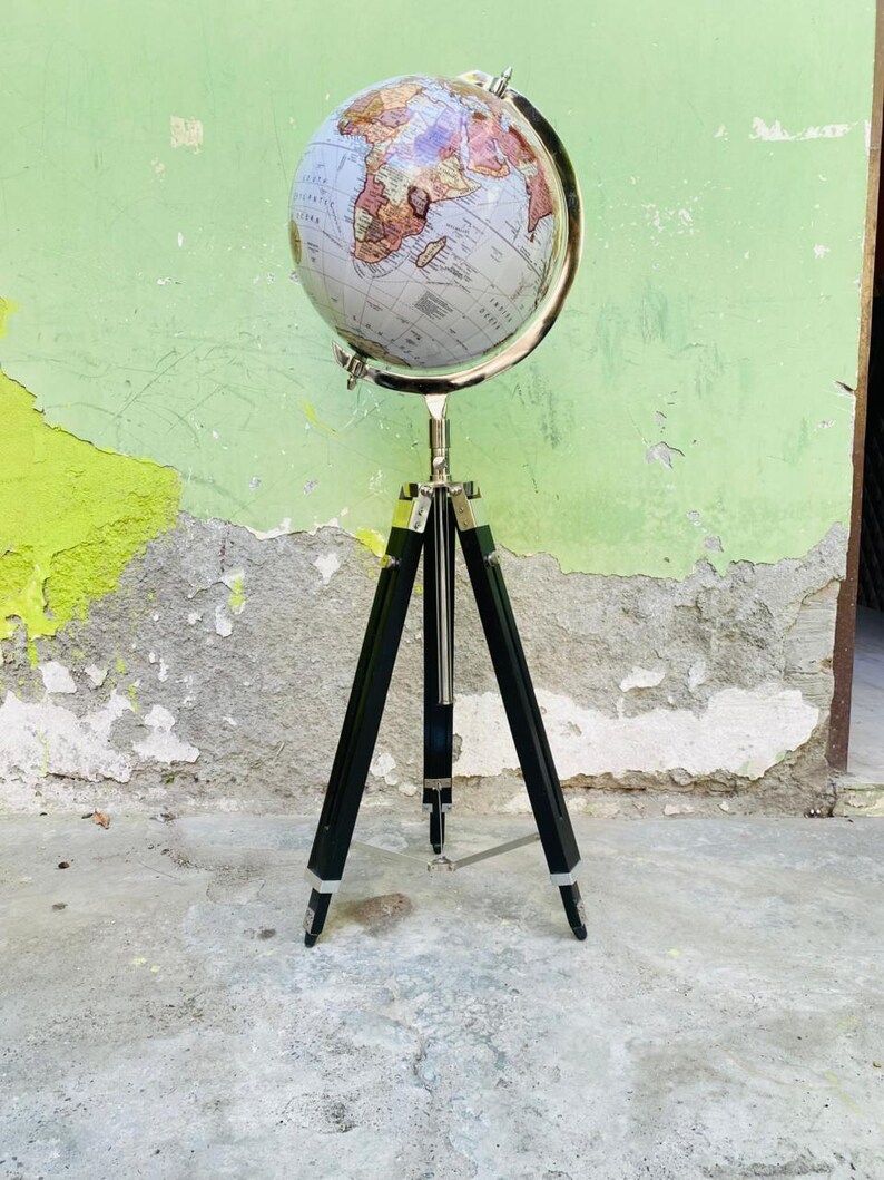 White Map Globe with Chrome Nickel Ring on Black Wooden Tripod Stand view 9