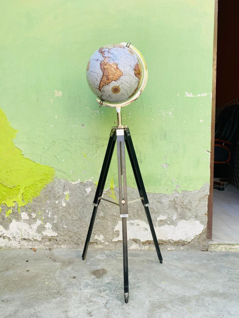 White Map Globe with Chrome Nickel Ring on Black Wooden Tripod Stand view 11