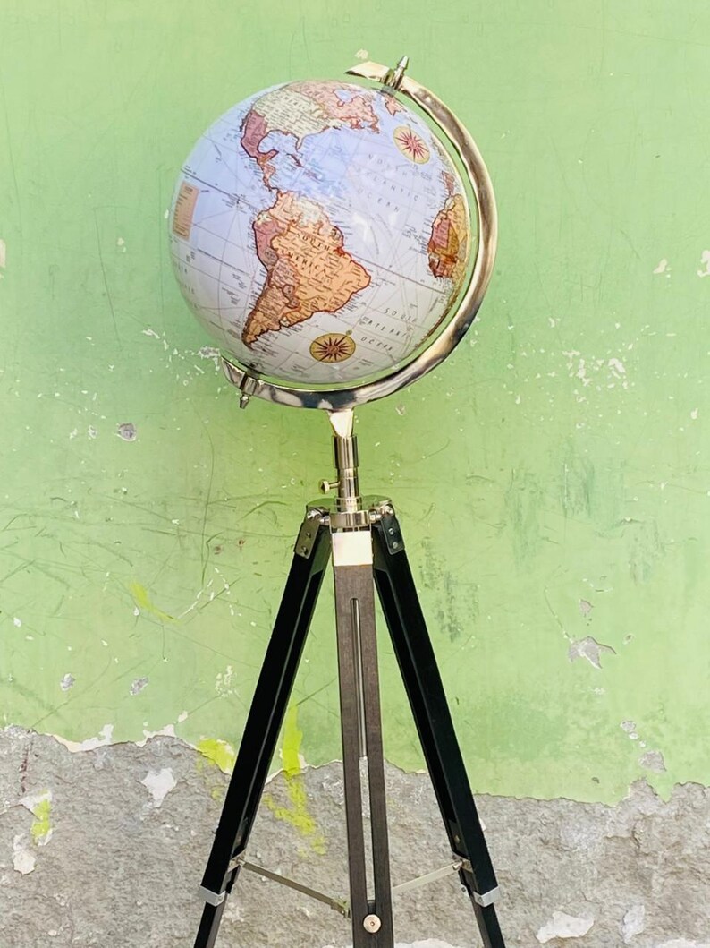 White Map Globe with Chrome Nickel Ring on Black Wooden Tripod Stand view 13