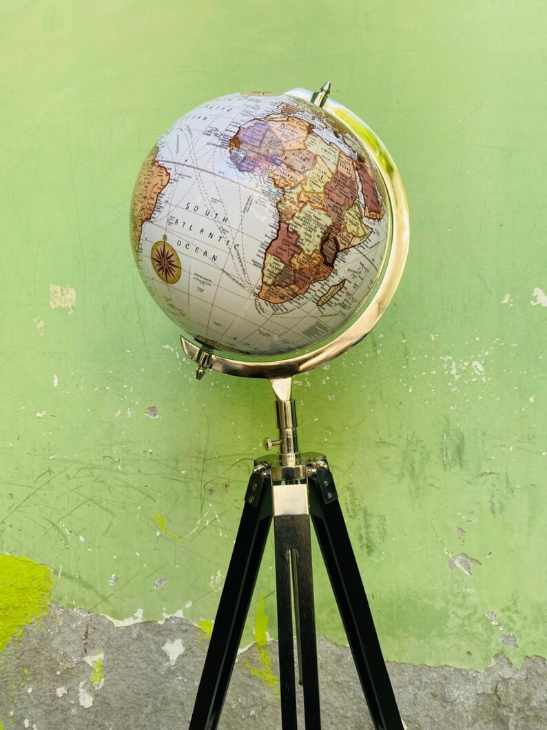 White Map Globe with Chrome Nickel Ring on Black Wooden Tripod Stand view 14