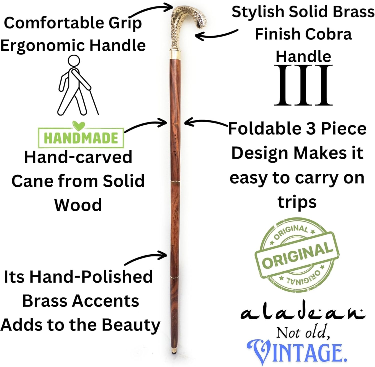 Polished Brass Cobra Handle Rosewood Walking Stick view 2