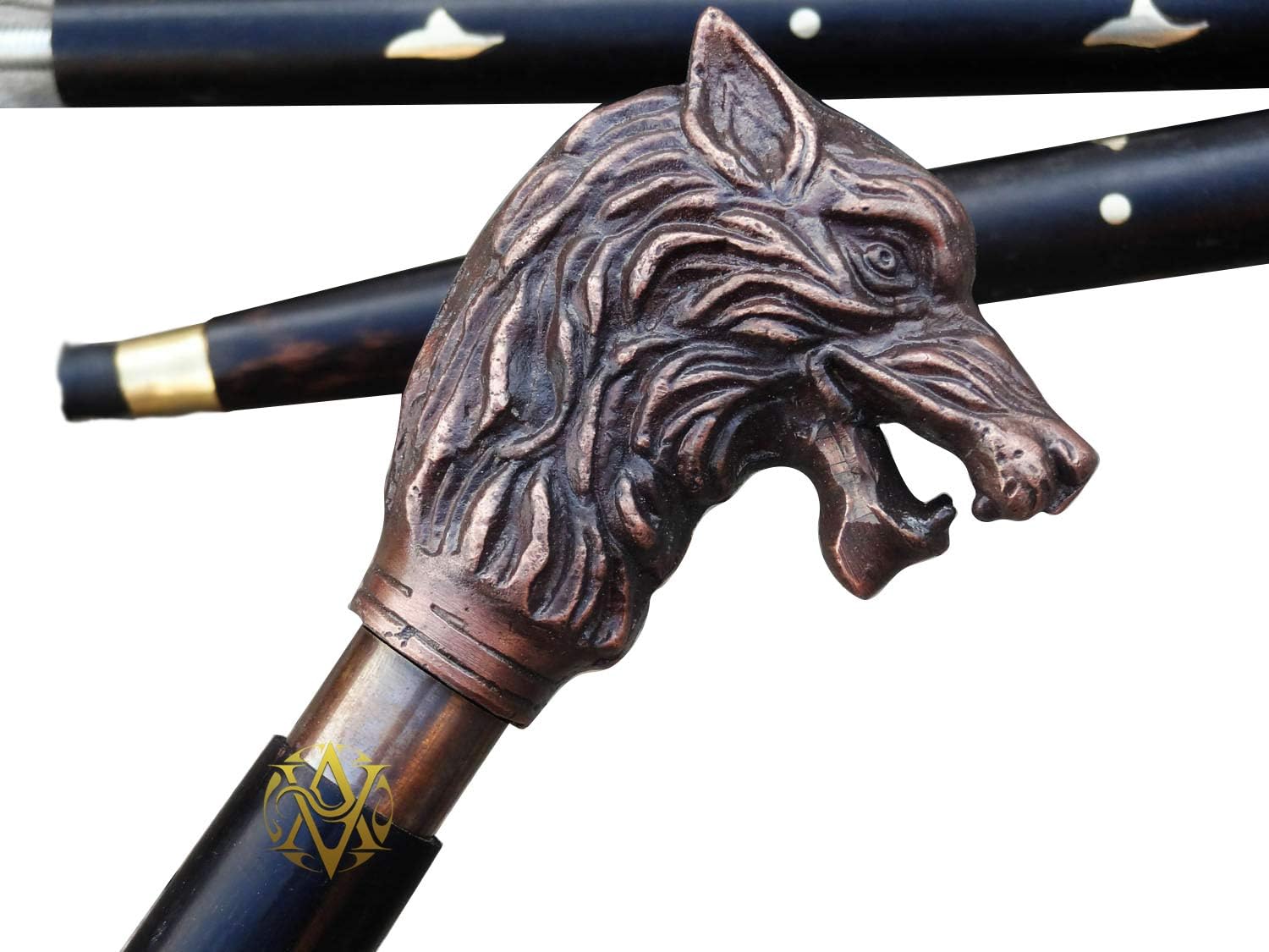 Antique Brass Wolf Head Handle Walking Stick view 3