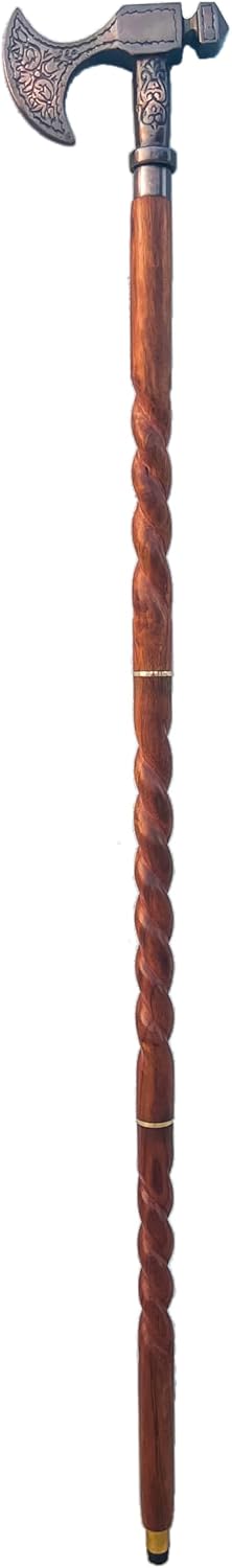 Viking Axe Antique Handle Red Wood Walking Stick view 3