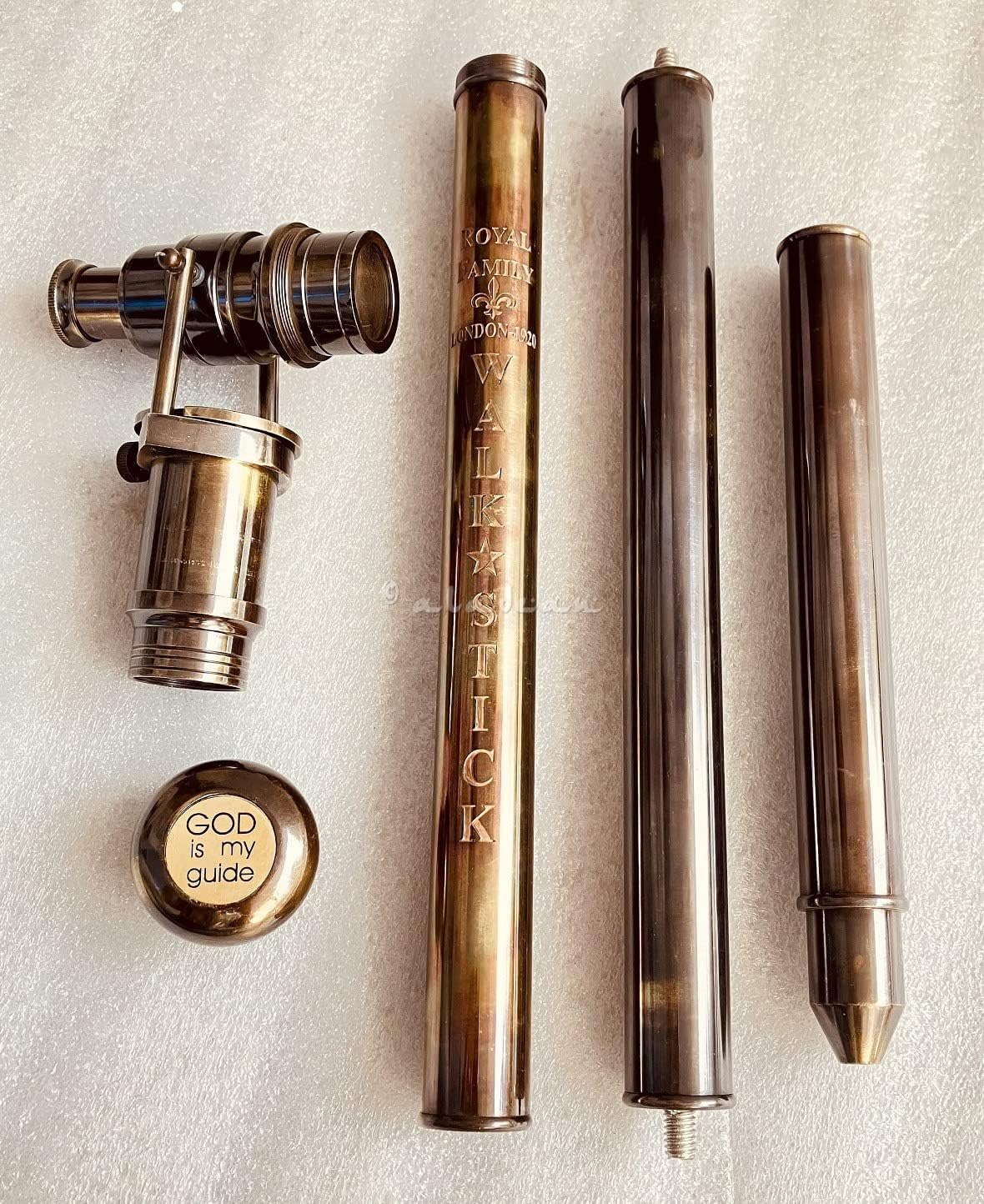 Brass Telescope Handle Walking Stick with Engraved Cap view 2