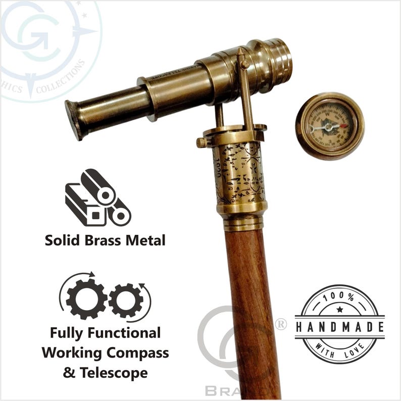 Brass Telescope Compass Handle Rosewood Walking Stick view 3