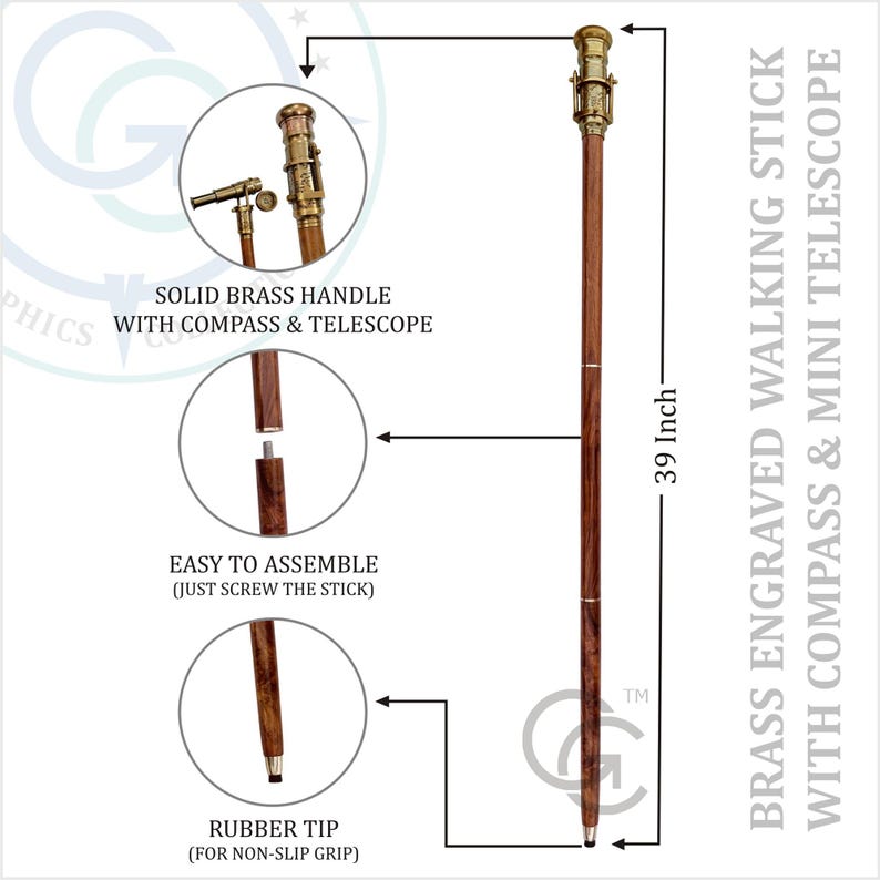 Brass Telescope Compass Handle Rosewood Walking Stick view 4