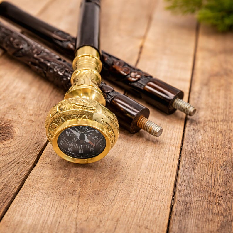 Brass Compass Handle Rosewood Walking Stick view 2