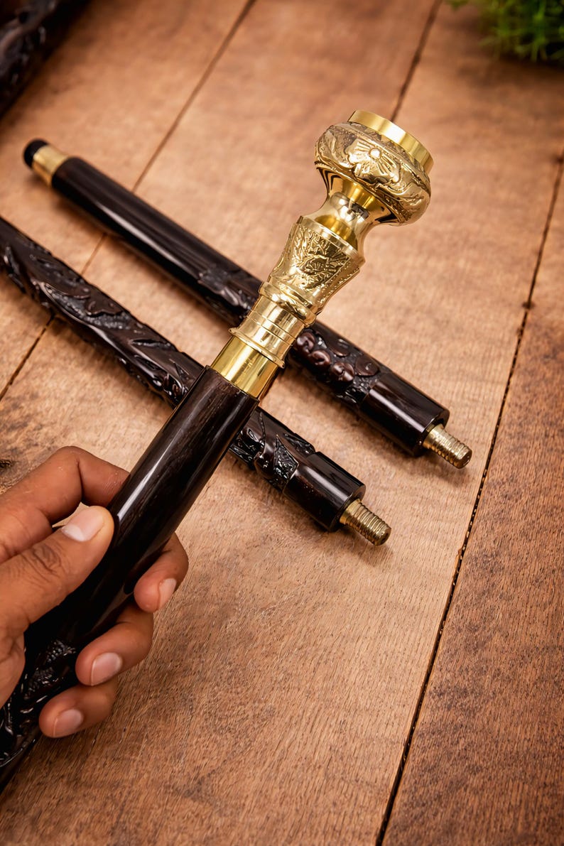 Brass Compass Handle Rosewood Walking Stick view 3