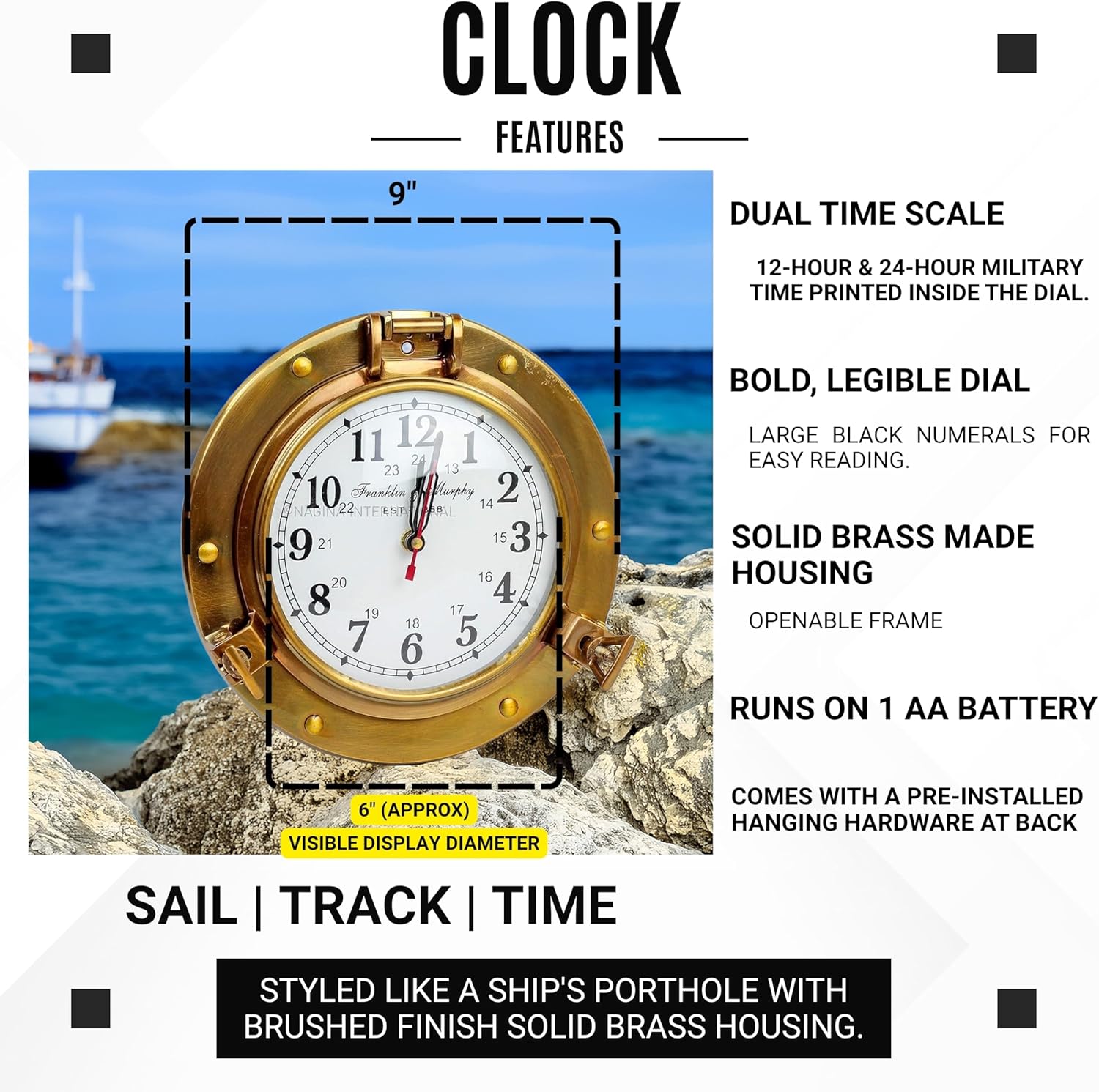 Solid Brass Porthole Wall Clock Franklin Murphy Dial view 3