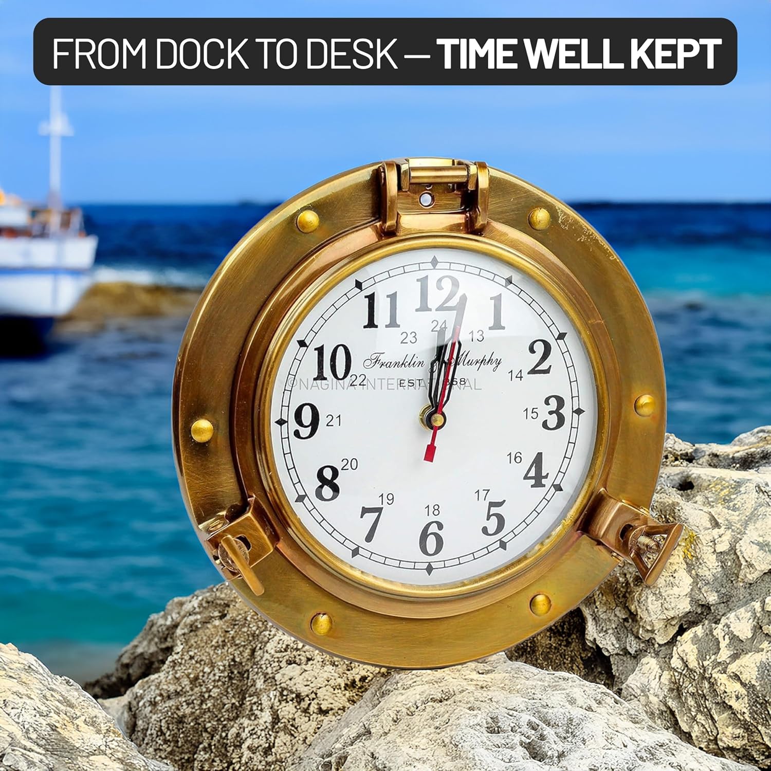 Solid Brass Porthole Wall Clock Franklin Murphy Dial view 6