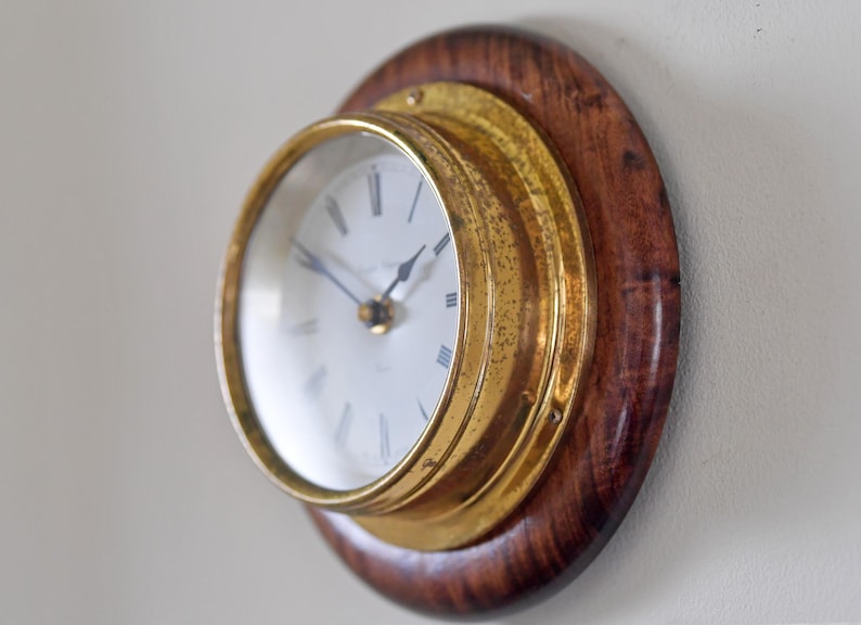 Brass Wall Clock English Style Wooden Base view 6