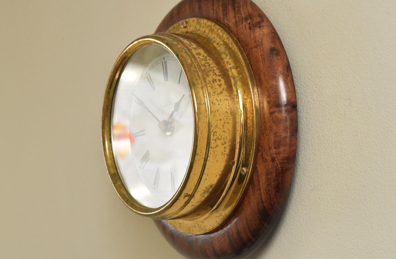 Brass Wall Clock English Style Wooden Base view 8