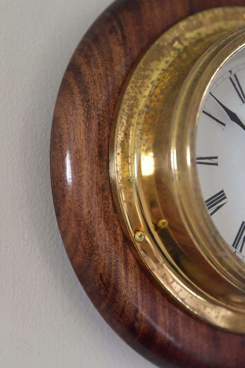Brass Wall Clock English Style Wooden Base view 11