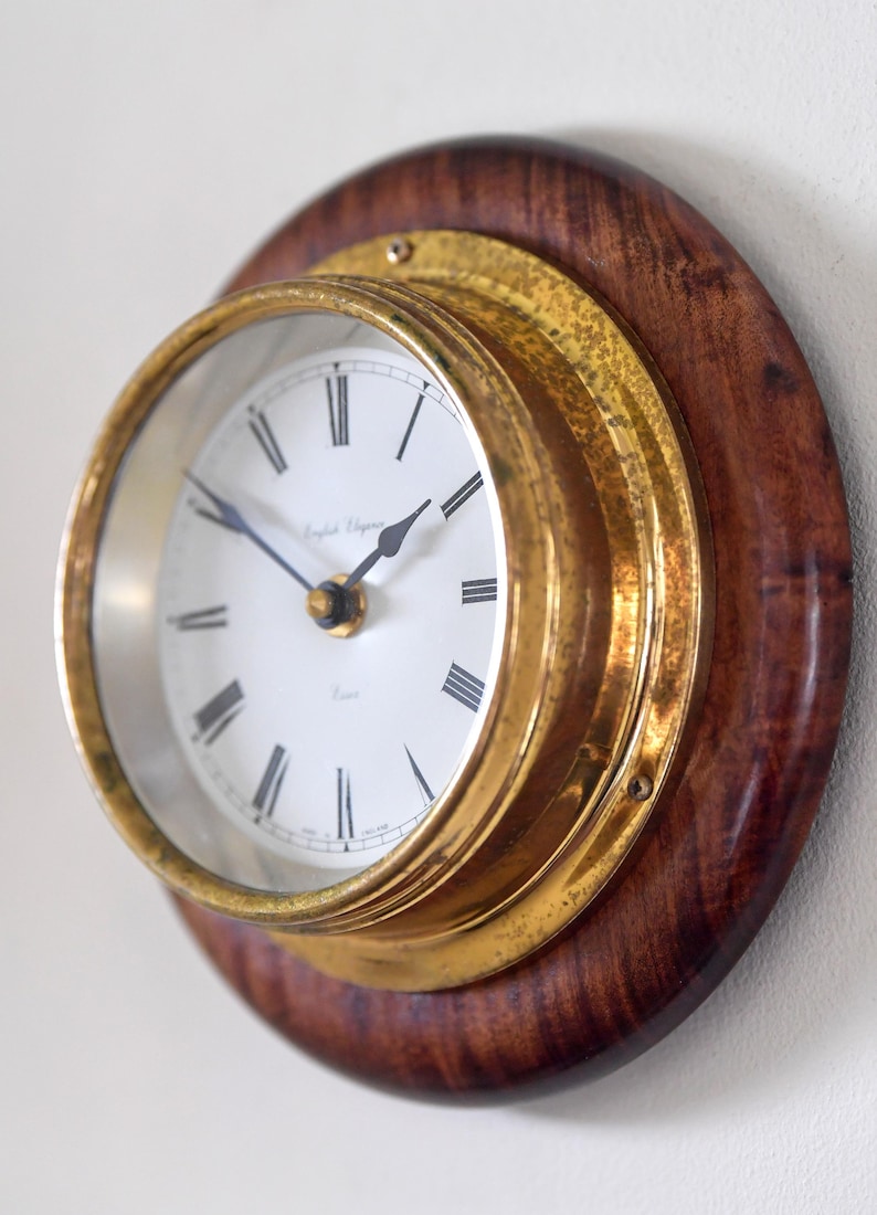 Brass Wall Clock English Style Wooden Base view 14