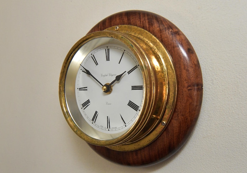 Brass Wall Clock English Style Wooden Base view 16
