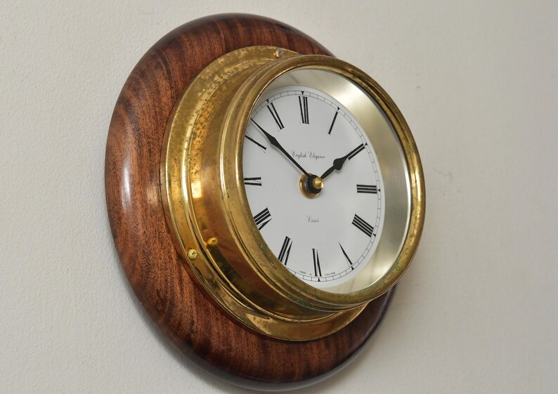 Brass Wall Clock English Style Wooden Base view 19