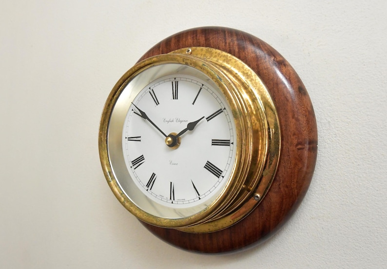 Brass Wall Clock English Style Wooden Base view 20