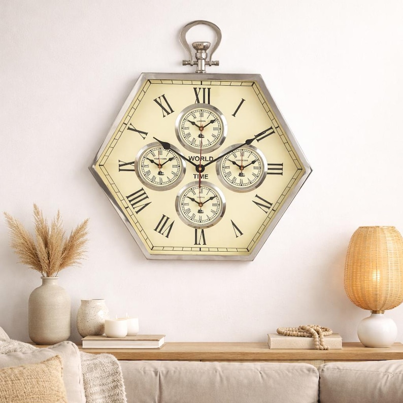 Hexagonal World Time Zone Wall Clock view 8