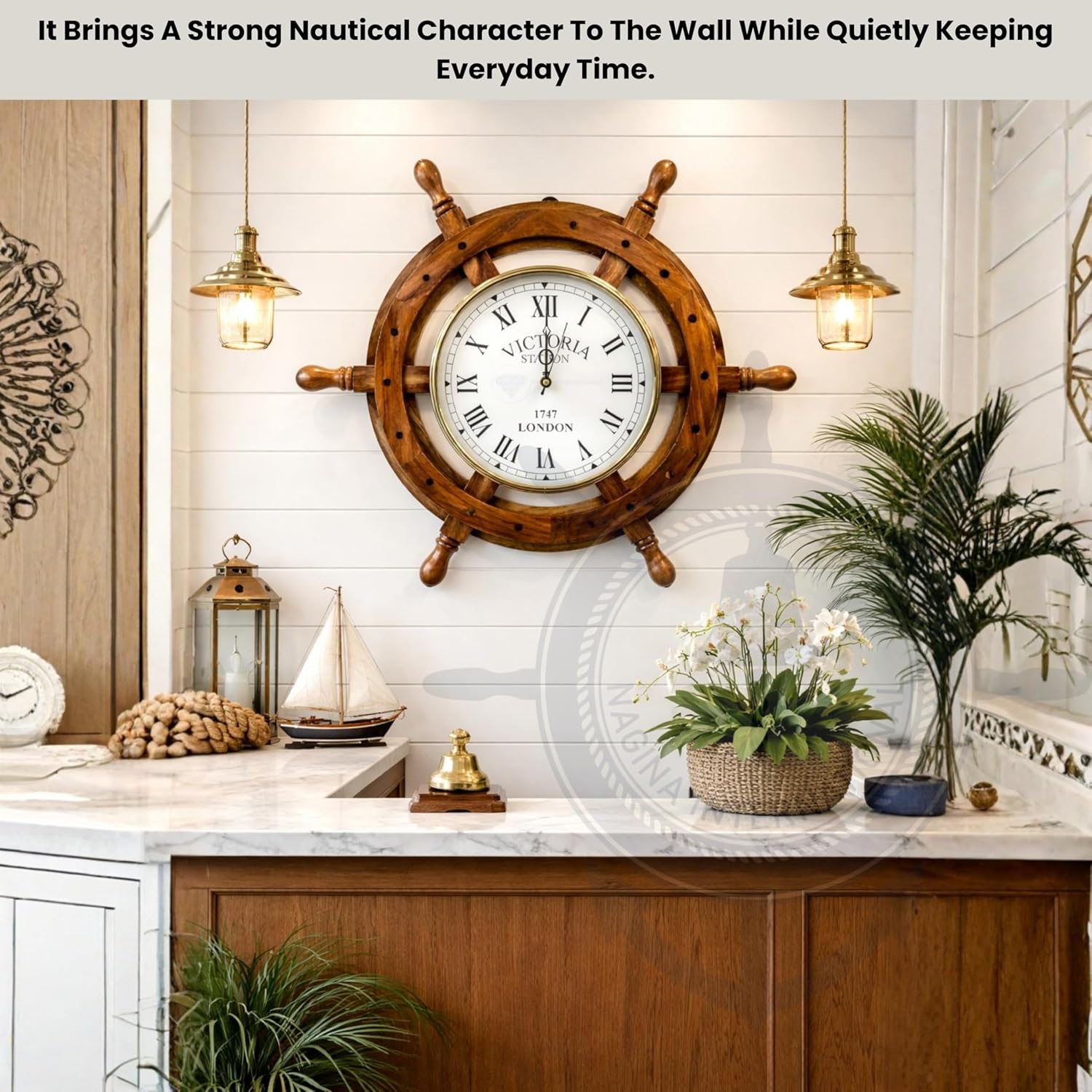 Rosewood Ship Wheel Wall Clock Brass Clock Face view 3