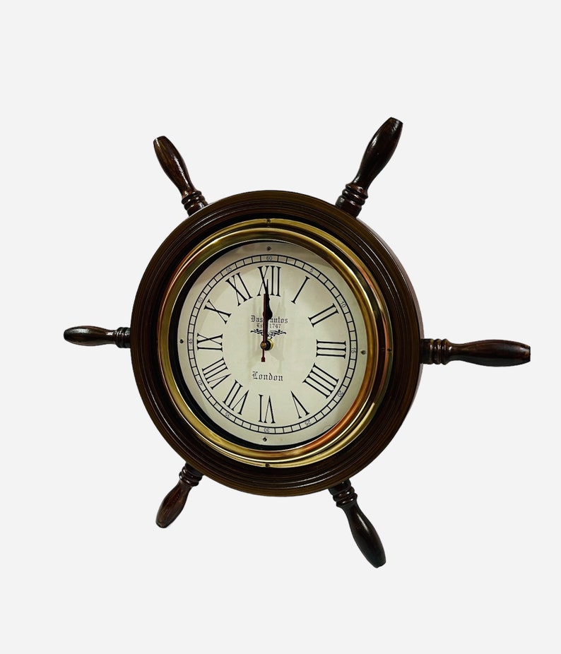 Dark Wood Ship Wheel Wall Clock Brass Clock Face view 4