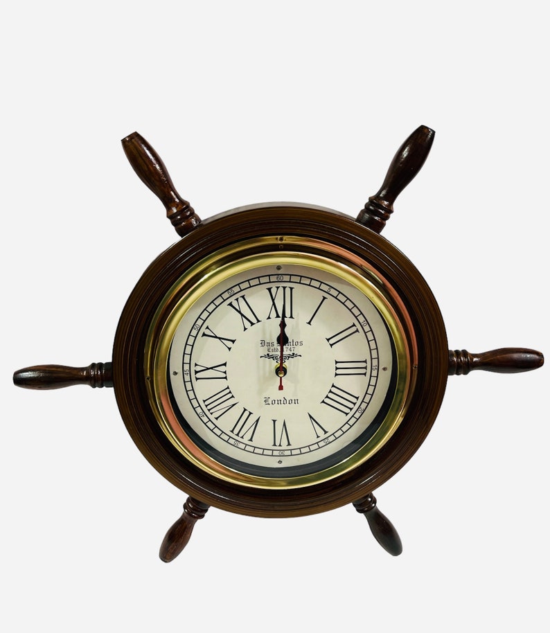 Dark Wood Ship Wheel Wall Clock Brass Clock Face view 5