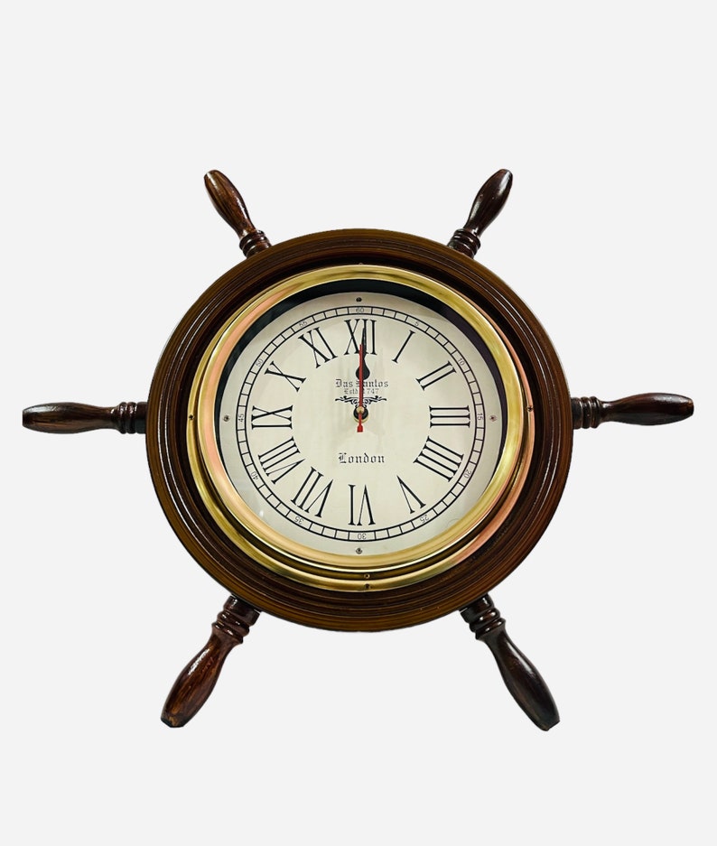 Dark Wood Ship Wheel Wall Clock Brass Clock Face view 6