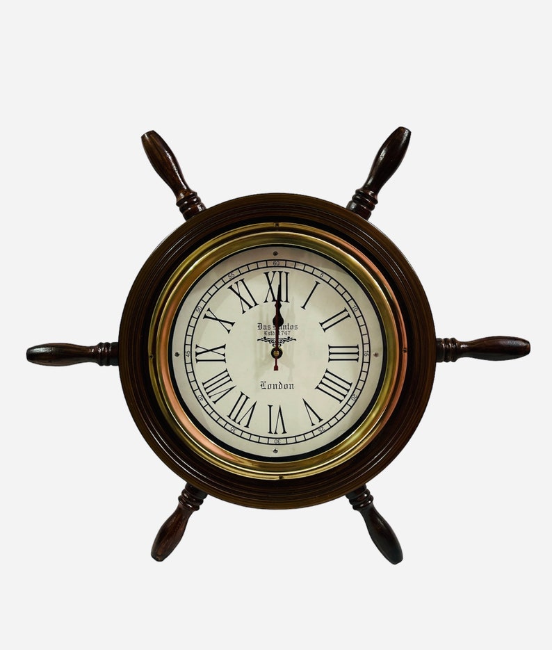 Dark Wood Ship Wheel Wall Clock Brass Clock Face view 7