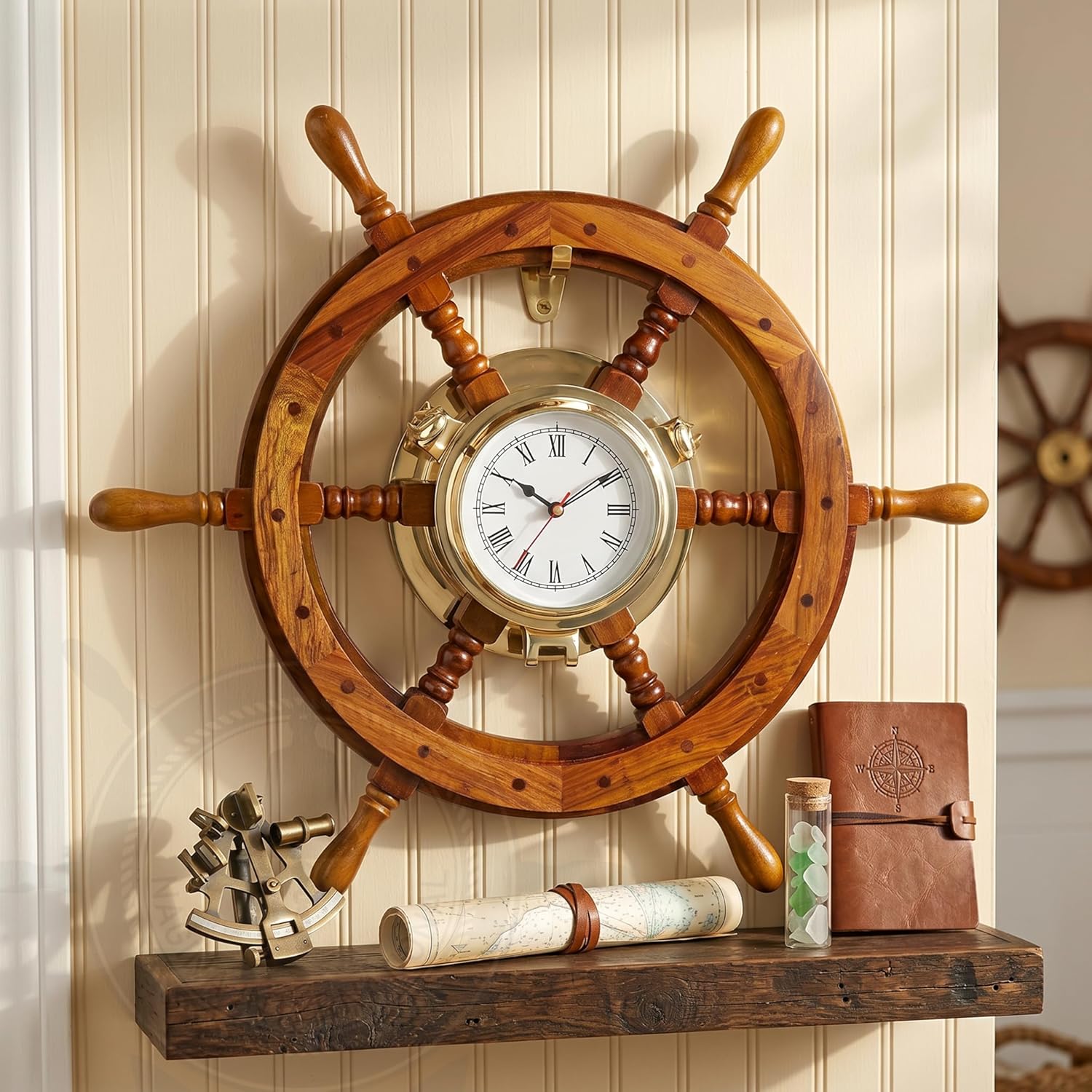 Rosewood Ship Wheel Clock Beveled Glass Porthole view 6