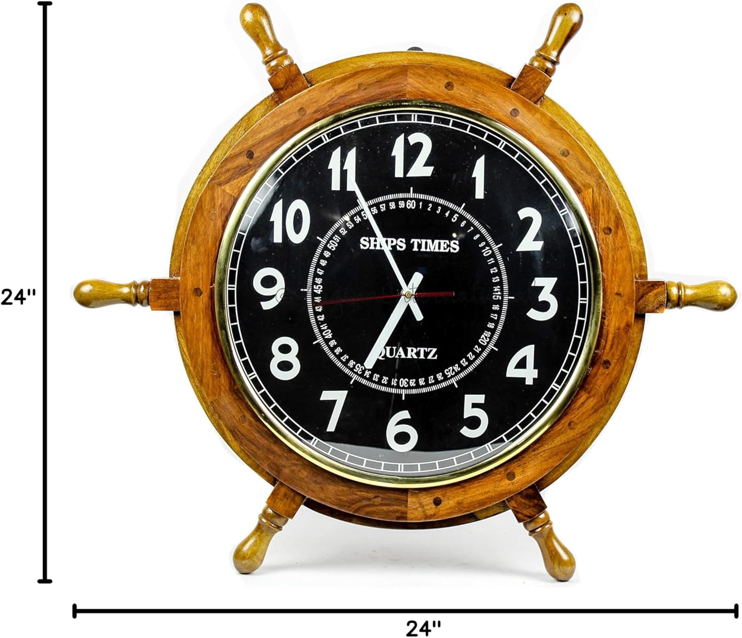 Sheesham Wood Ship Wheel Clock Brass Clock Face view 2