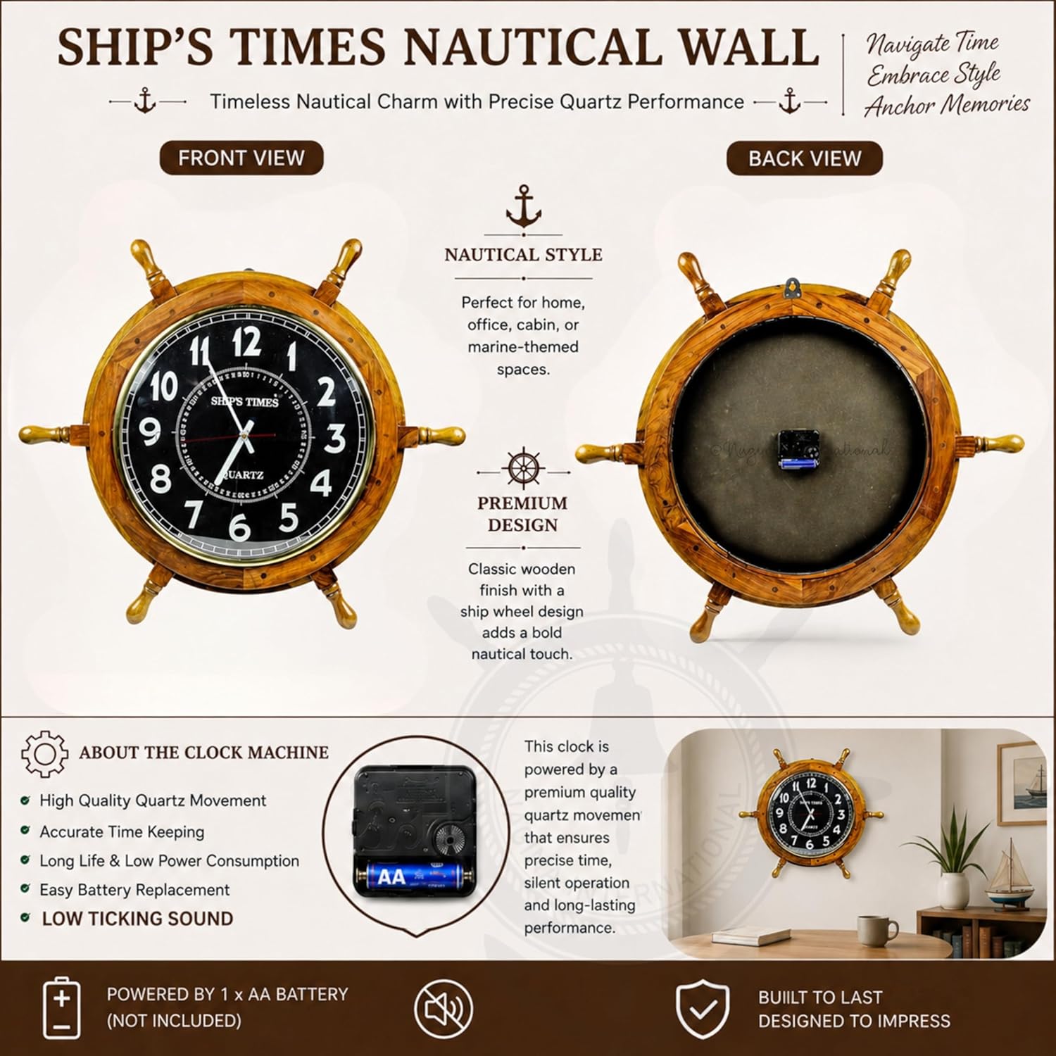 Sheesham Wood Ship Wheel Clock Brass Clock Face view 7