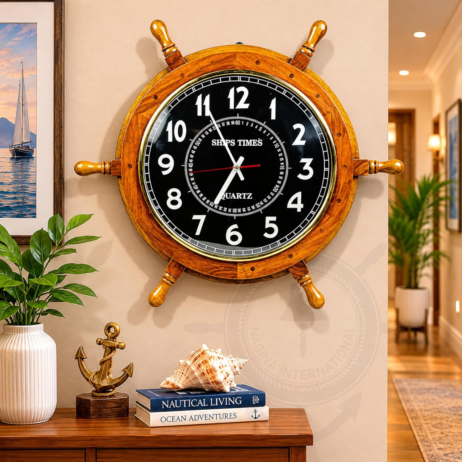 Sheesham Wood Ship Wheel Clock Brass Clock Face view 11