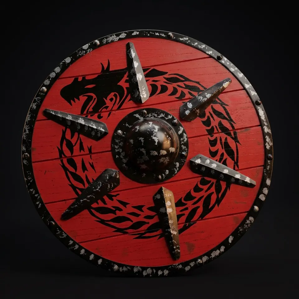Dragon Design Wooden Viking Shield with Medieval Armor Wall Art view 1