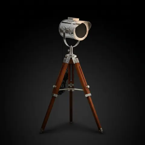 Chrome Spotlight on Wooden Tripod view 1
