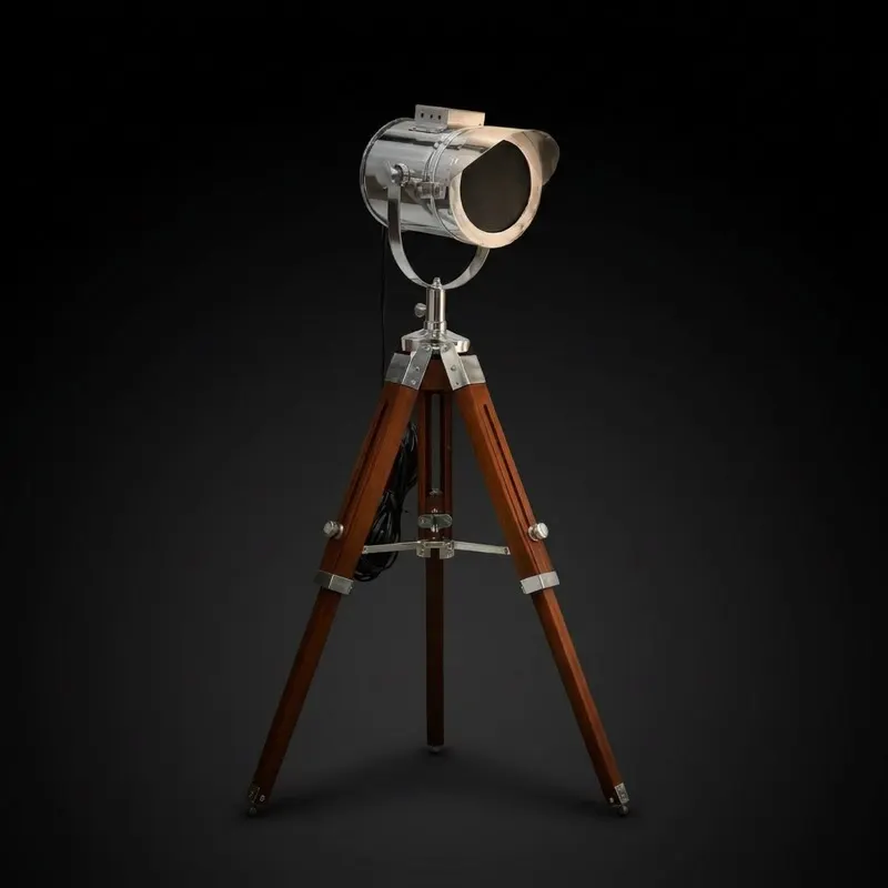 Chrome Spotlight on Wooden Tripod