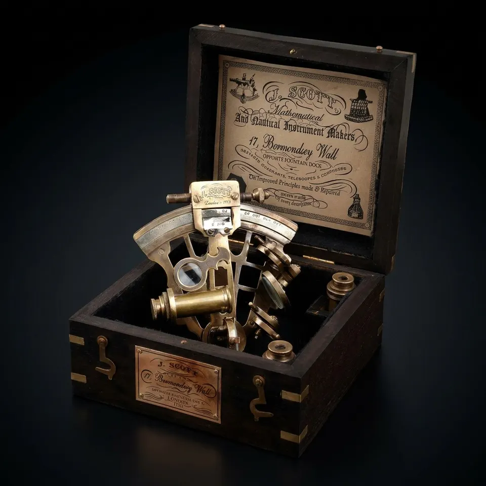 Antique Brass Sextant with Black Wooden Box view 1