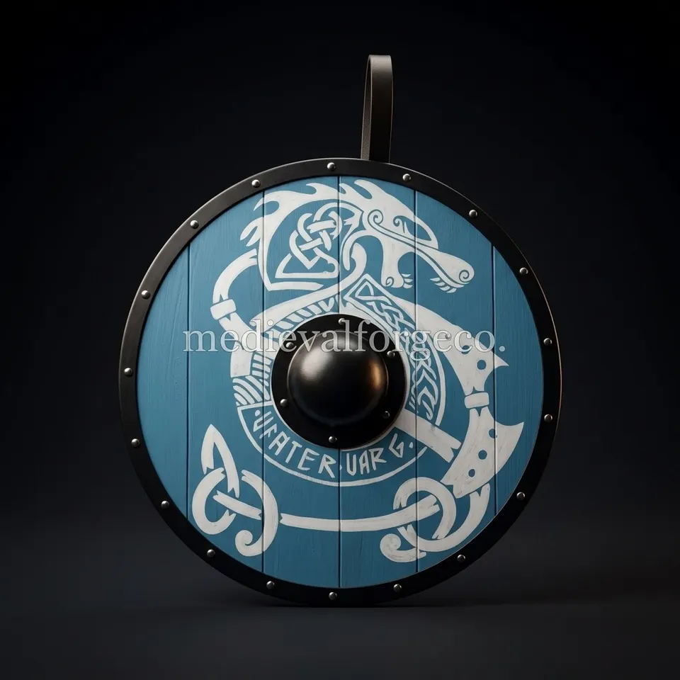 Viking Round Shield with Blue Dragon Design Wood with Metal Boss
