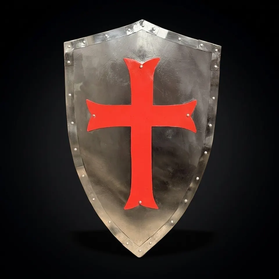 Red Cross Crusader Shield with Steel Battle Knight Heater view 1